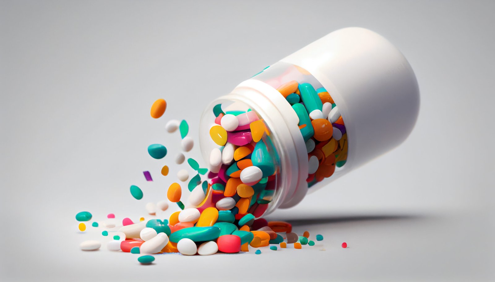Medicine bottle spilling colorful pills depicting addiction risks ,generative artificial intelligence